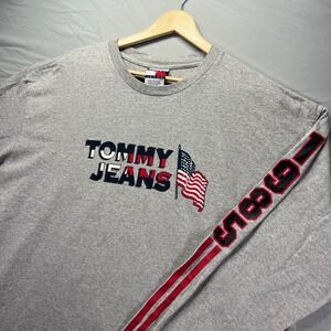 Vintage Tommy Hilfiger Jeans Shirt Mens Large Gray T Shirt Sleeve Hit Flag Y2K